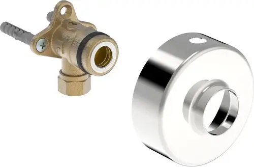 Winkelkupplung mit Absperrventil, hergestellt von HANSA. Das Produkt zeigt eine metallene Verbindung mit einem schlanken, gewundenen Design und einem Anschluss für Schläuche.